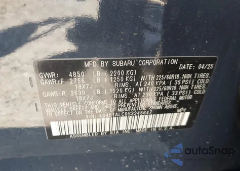 2025 Subaru Outback Onyx Edition из США, поврежденный, VIN 4S4BTALC0S3245647